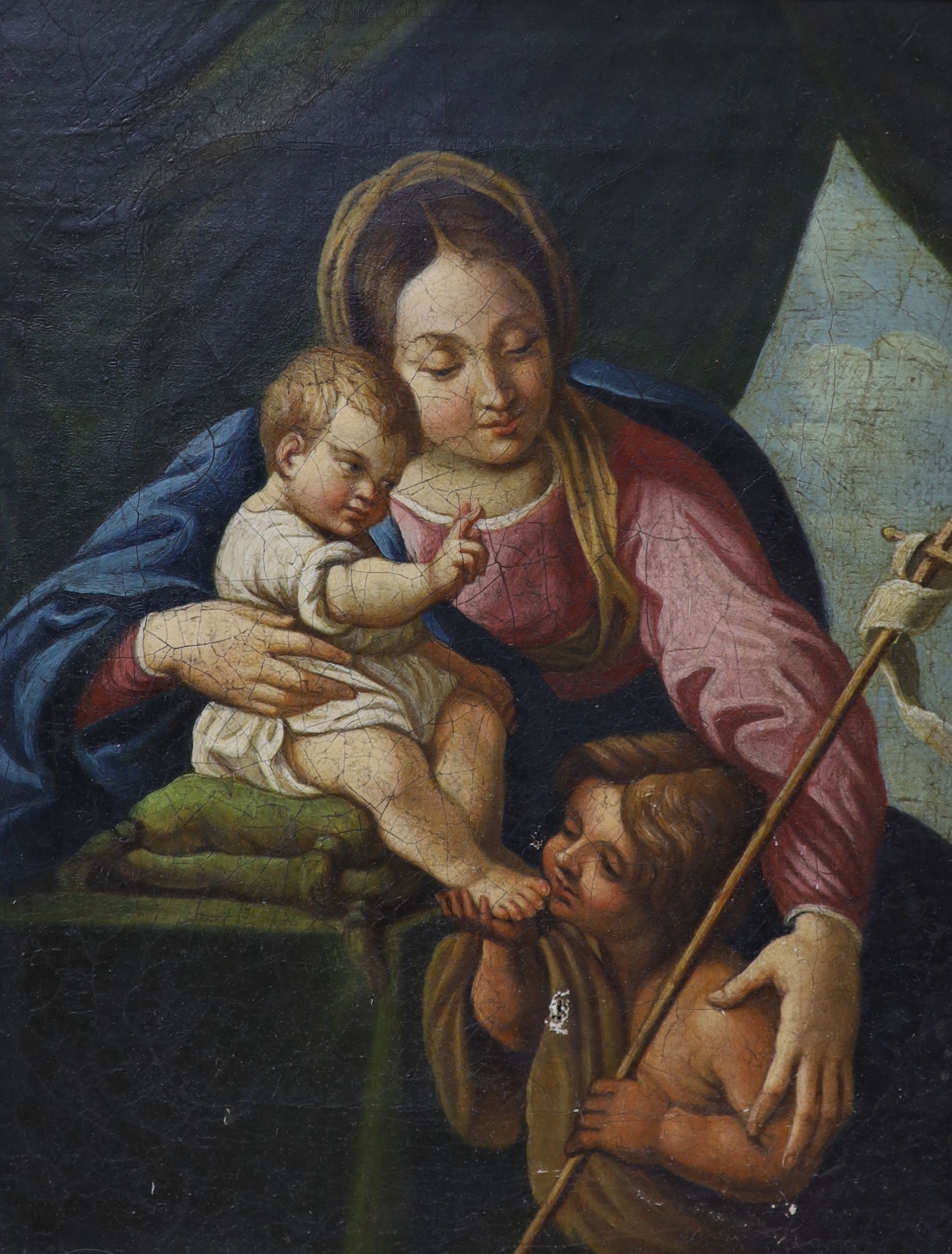 19th century Italian School, oil on canvas, Virgin and child with St John The Baptist, 20 x 16cm, Florentine framed